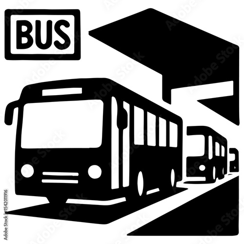 Bus transportation public transit station stop travel vehicle black and white graphic illustration icon design