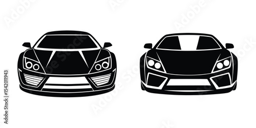Luxurious Sports Car Front View Speeding Forward Silhouette on White Background