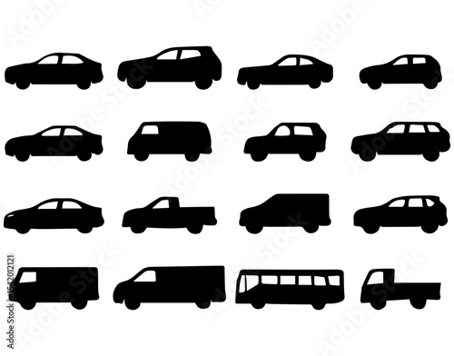 Collection of silhouette vehicles cars vans trucks and bus for transportation and automotive industry use