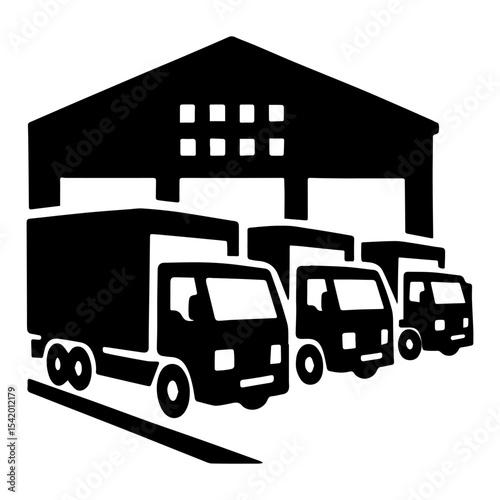 Delivery trucks at warehouse shipping logistics transportation distribution fleet service vector icon