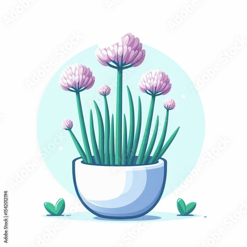 A pot with green chives bearing purple flowers set against a light blue backdrop