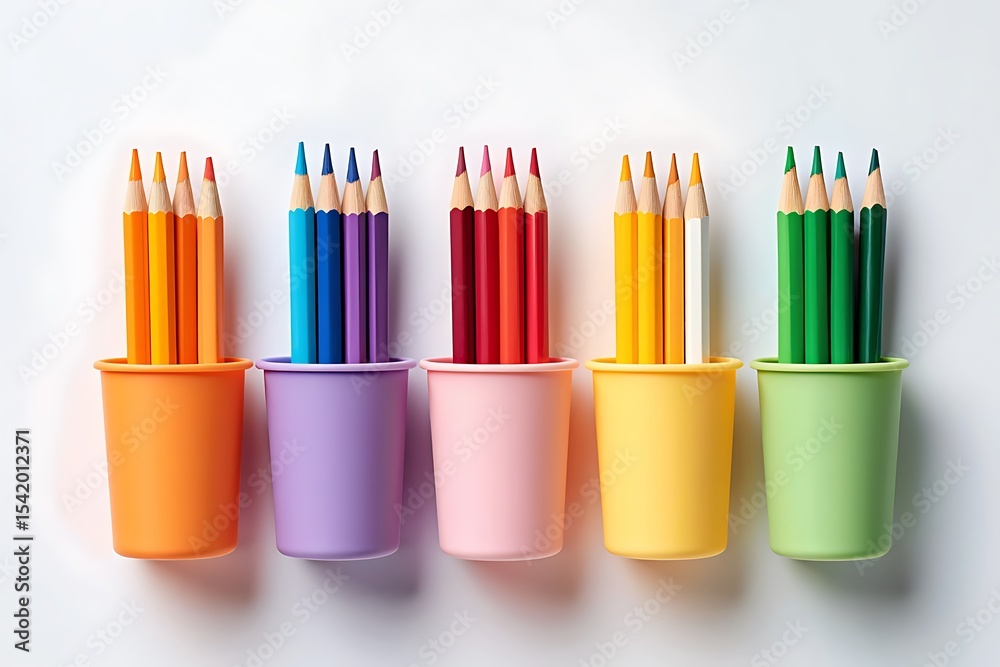 Fototapeta premium Colorful Pencil Holders with Wooden Pencils on a White Background