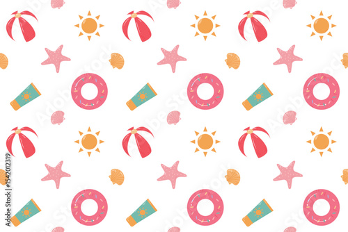 Seamless summer  pattern with transparent background. Ornament with beach  accessories. Summer holiday concept.Beach ball, sun cream, sun, shell, starfish. Flat cartoon design. Vector illustration