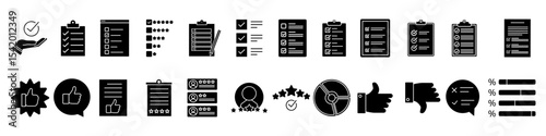 Survey icon vector set. Feedback illustration sign collection. Including question symbol. Survey web icons. satisfaction symbols for web and mobile app.