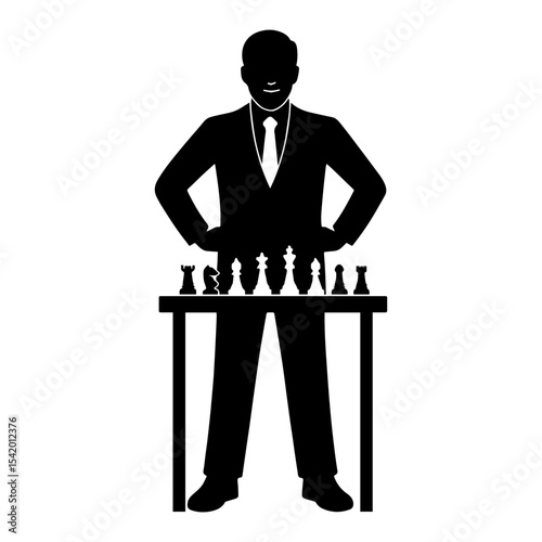 Chess player silhouette strategy game board competition challenge intellect man suit tie table