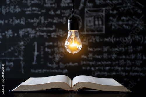 Light Bulb Shining Over Open Book on Black Background