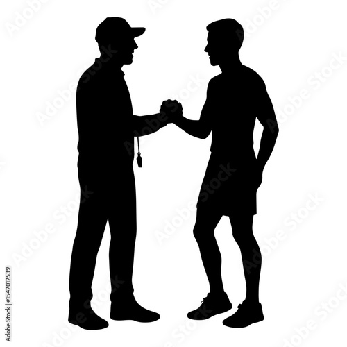 Silhouette of coach and athlete shaking hands sports training teamwork collaboration achievement success 