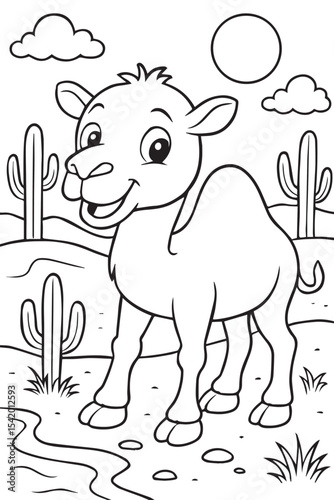 Line art illustration for a children's coloring book of a cute cartoon camel happy and smile in the desert