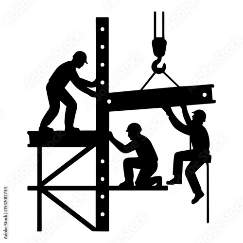 Construction workers silhouette building structure crane vector illustration design art