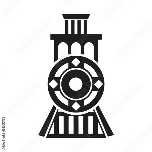 Black and White Stylized Train Wheel with Architectural Top on White Background