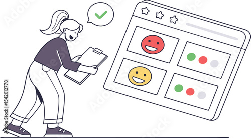 Woman reviewing feedback on a digital interface with smileys and star ratings on a clipboard checklist