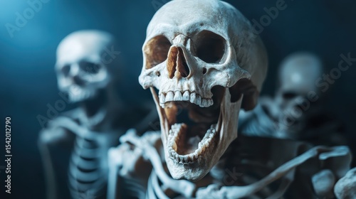 A detailed view of a human skull, set amidst a dark, moody background, symbolizes the inevitable cycle of life and death, inviting contemplation of mortality and existence.