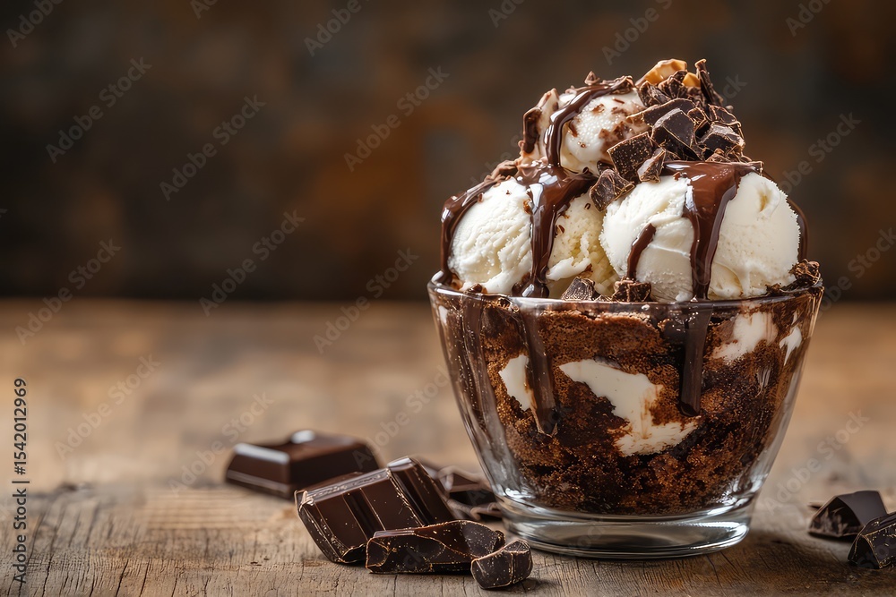 Rich brownie sundae with vanilla ice cream and chocolate drizzle, styled on a wooden table. Rich brownie sundae with vanilla ice cream and chocolate drizzle, styled on a wooden table.