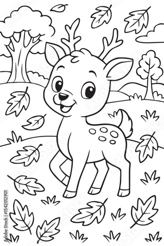 Line art illustration for a children's coloring book of a cute cartoon deer standing among falling leaves in autumn