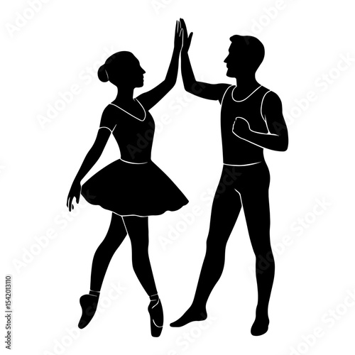 Ballet dancers silhouette high five vector art illustration performing dance couple in black and white design