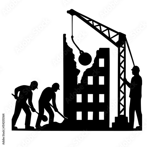 Building demolition construction site with wrecking ball and workers silhouette vector illustration