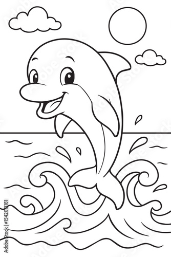 Line art illustration for a children's coloring book of a cute cartoon dolphin jumping out of the ocean waves