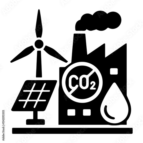 Renewable energy sources wind solar power co2 reduction factory pollution climate change environmental icon