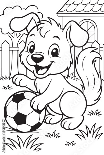 Line art illustration for a children's coloring book of a cute cartoon dog playing with a soccer ball in the backyard