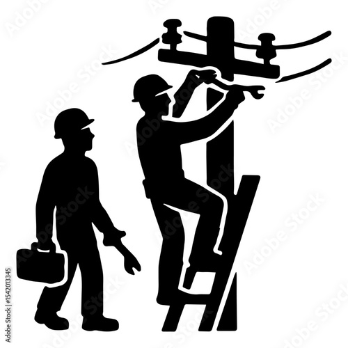 Lineman electrician worker repairing power electrical lines on pole vector illustration graphic design