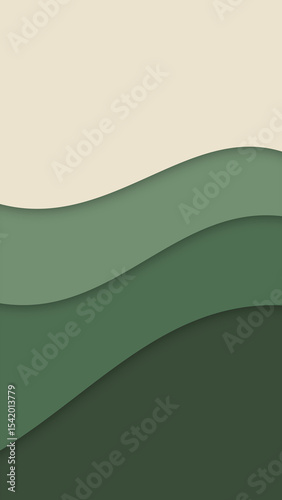 Abstract wavy layers in varying greens merge into soft beige, creating a calm, nature-inspired landscape