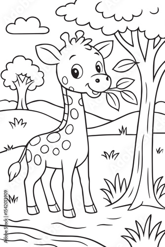 Line art illustration for a children's coloring book of a cute cartoon giraffe munching on leaves from a tall tree