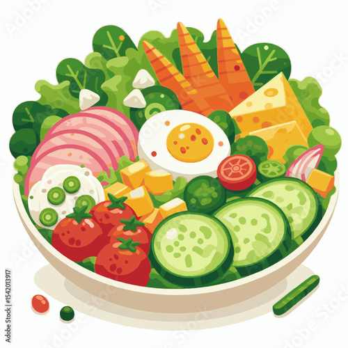 A salad bowl overflowing with fresh ingredients like lettuce carrots tomatoes and cheese