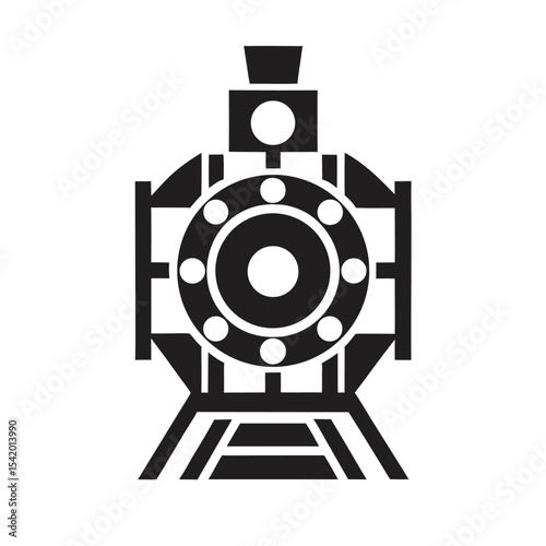 Black Silhouette of a Vintage Train Locomotive on White Background