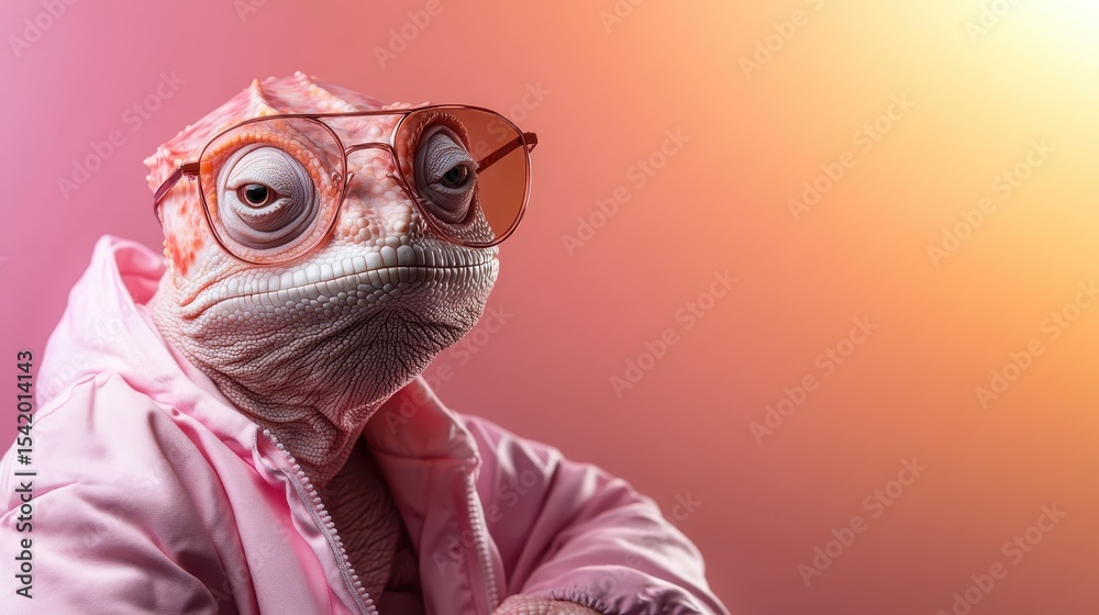 Fototapeta premium A quirky lizard donned in stylish sunglasses poses confidently against a colorful backdrop, blending whimsy and fun in a striking visual composition.