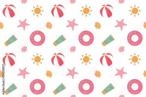Seamless summer  pattern with transparent background. Ornament with beach  accessories. Summer holiday concept. Flippers, surfboard, diving mask, starfish. Flat cartoon design. Vector illustration