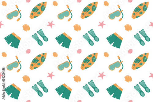 Seamless summer  pattern with transparent background. Ornament with beach  accessories. Summer holiday concept. Flippers, surfboard, diving mask, starfish. Flat cartoon design. Vector illustration