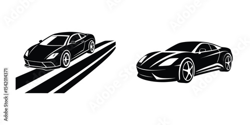 Simple Flat Artwork of a Stunning Sports Car Angled View Gliding Along a Highway Silhouette on White Background