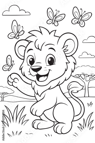 Line art illustration for a children's coloring book of a cute cartoon lion cub playing with butterflies in the savannah