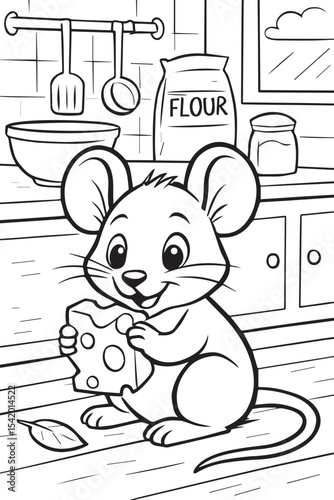 Line art illustration for a children's coloring book of a cute cartoon mouse nibbling cheese inside a cozy kitchen