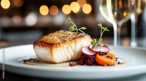 The image showcases a beautifully plated grilled fish dish, artistically arranged with vegetables and herbs, representing culinary excellence and gourmet cuisine.