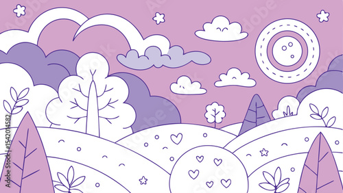 Playful cartoon landscape design featuring trees clouds hearts and a glowing sun
