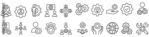 Workshop icon vector set. Developer illustration sign collection. Engineering symbol. Teamwork web icons. Containing repair, service center, team building, coaching, meeting and more.