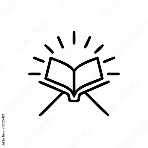 Open Book on Islamic Stand with Radiant Light Rays Black Line Art Icon Design Handmade Mawlid