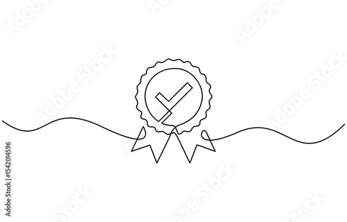 One continuous line drawing of winner award badge with tick. High quality product,  content creators, public figures.single line vector illustration.