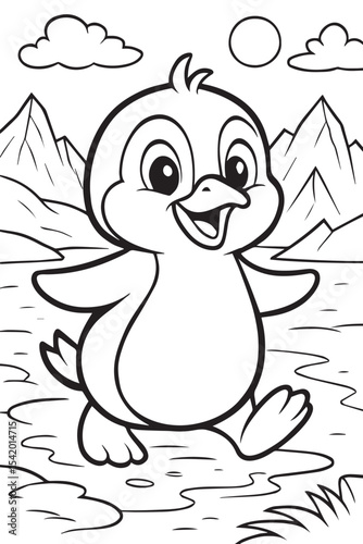 Line art illustration for a children's coloring book of a cute cartoon penguin waddling on icy snow