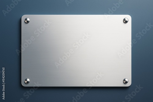 Metallic blank plaque with screws on clean blue wall background for branding or signage mockup concept design template with copy space.