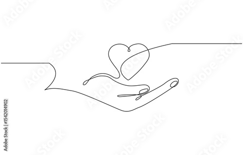 Continuous one line drawing arms holding heart. Charity donation linear concept, Minimalist hand holding a heart illustration.