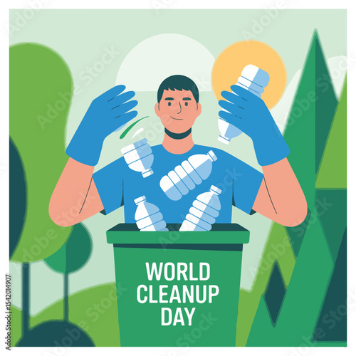 World Cleanup Day vector illustration showing diverse people collecting trash, recycling, planting trees, and caring for the Earth in solid colors for eco-friendly awareness campaigns.