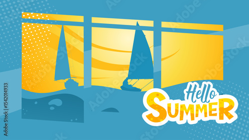 Hello Summer banner with sun and sailboats on the sea – summer poster vector illustration