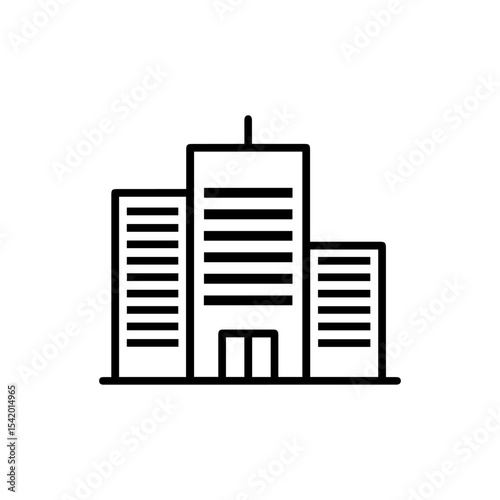 A simple line drawing depicts a threepart building with a central tower and two shorter side sections