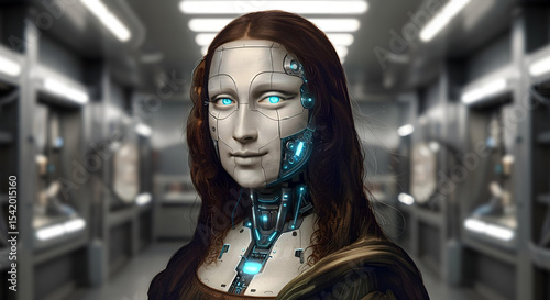Futuristic Mona Lisa reinterpretation as humanoid robot with mechanical features and AI enhancements. AI Agent. AGI ASI