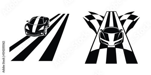 Futuristic Sports Car Top View Soaring Past Finish Silhouette on White Background
