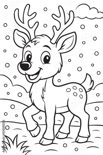 Line art illustration for a children's coloring book of a cute cartoon reindeer standing in falling snow