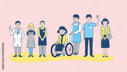 Nursing home, hospital, recuperation, rehabilitation concept happy old woman holding hands with nurse together, doctors in clinic care, help and support patients simple flat vector