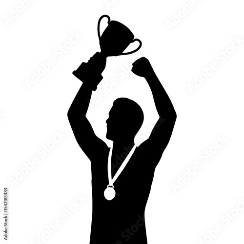 Silhouette of champion winner holding trophy and medal celebrating success and achievement in competition